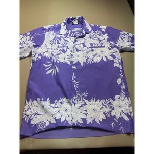 Hilo Hattie Mens Purple White Floral Tropical Hawaiian Camp Shirt Made in HI